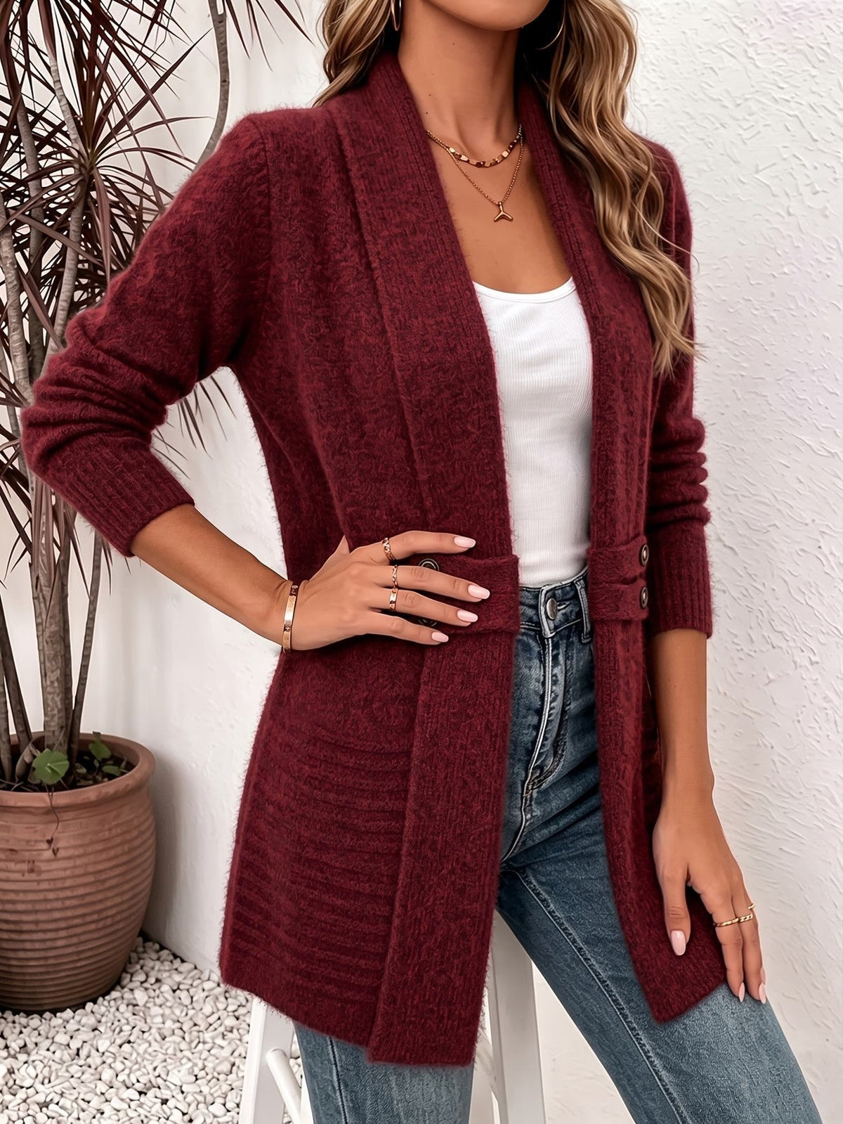 Marlowe | Burgundy Ribbed Knit Button-Tab Cardigan for Women