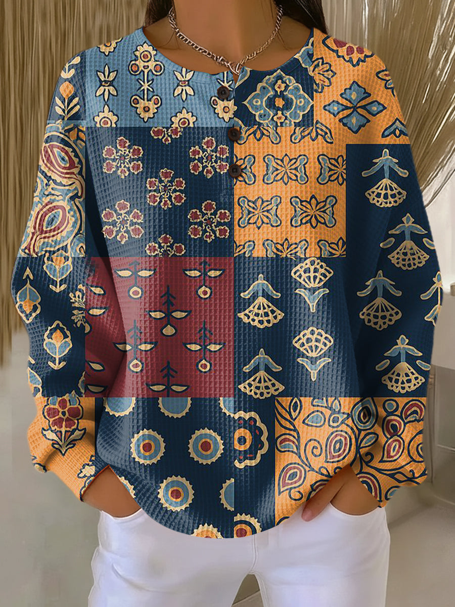 Zyravine | Ethnic Check Floral Print Sweater for Women