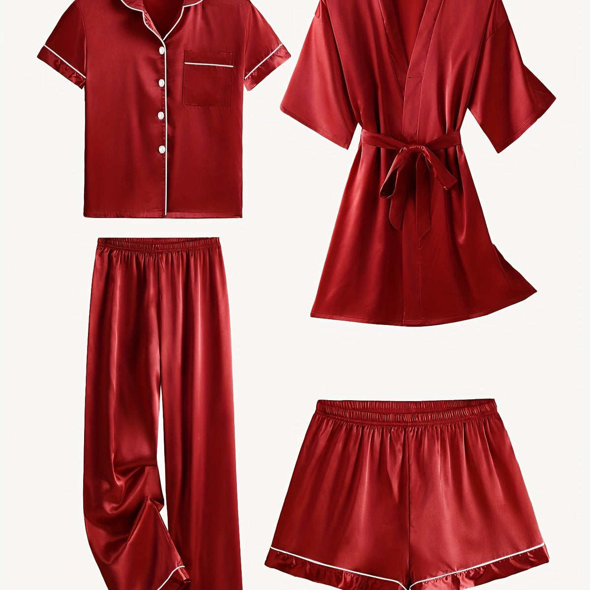 Juliette | 4-Piece Solid Satin Pajama Mid-Sleeve Robe Set for Women