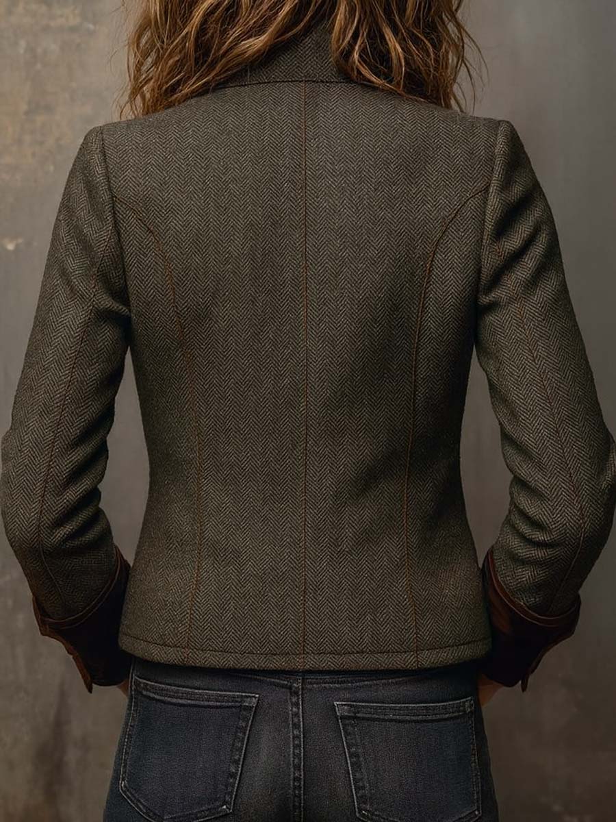 Maribel | Vintage Herringbone Contrast Trim Blazer for Women