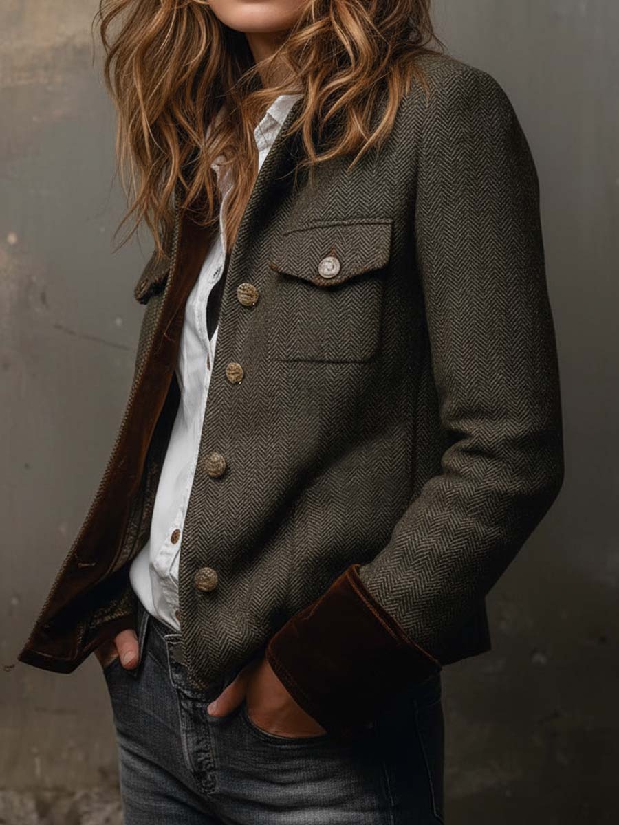 Maribel | Vintage Herringbone Contrast Trim Blazer for Women