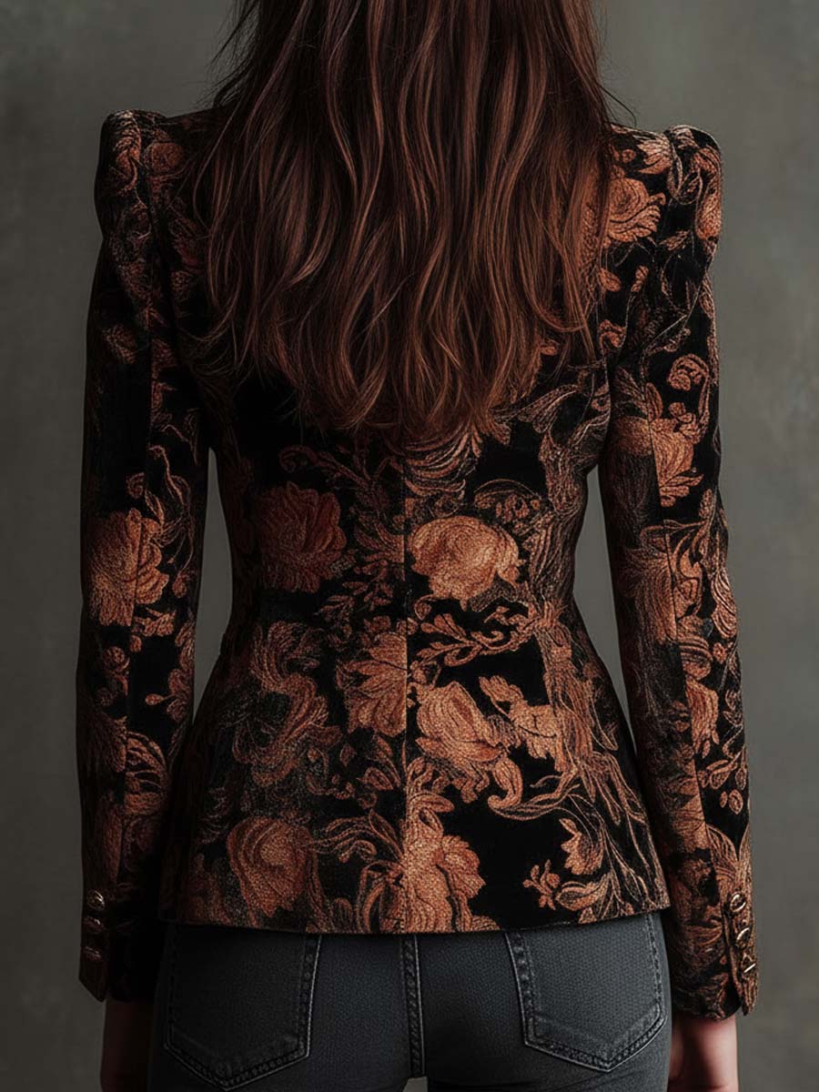 Bronwen | Black and Bronze Floral Print Tailored Blazer for Women
