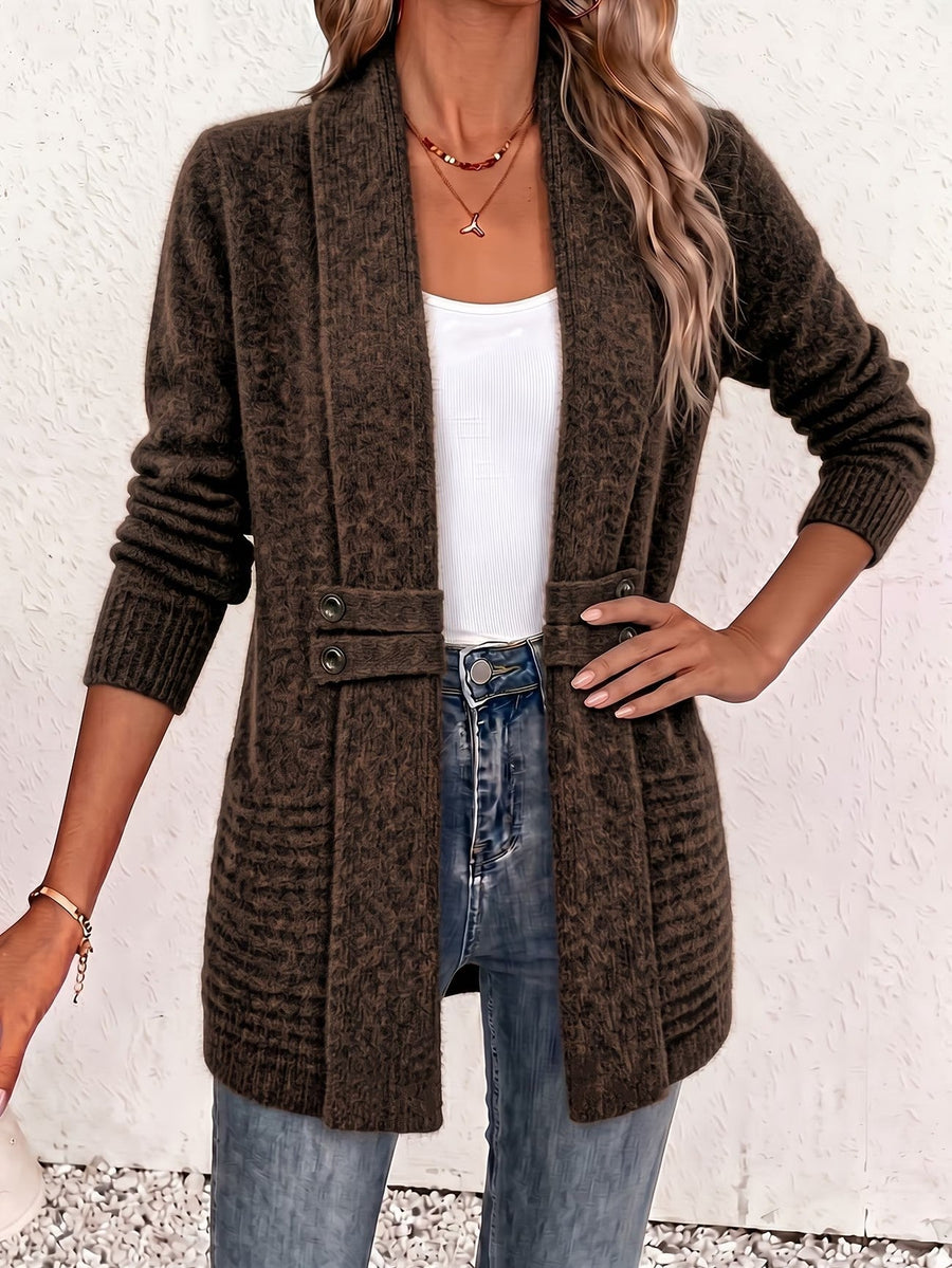 Camille | Chocolate Ribbed Knit Button-Tab Cardigan for Women