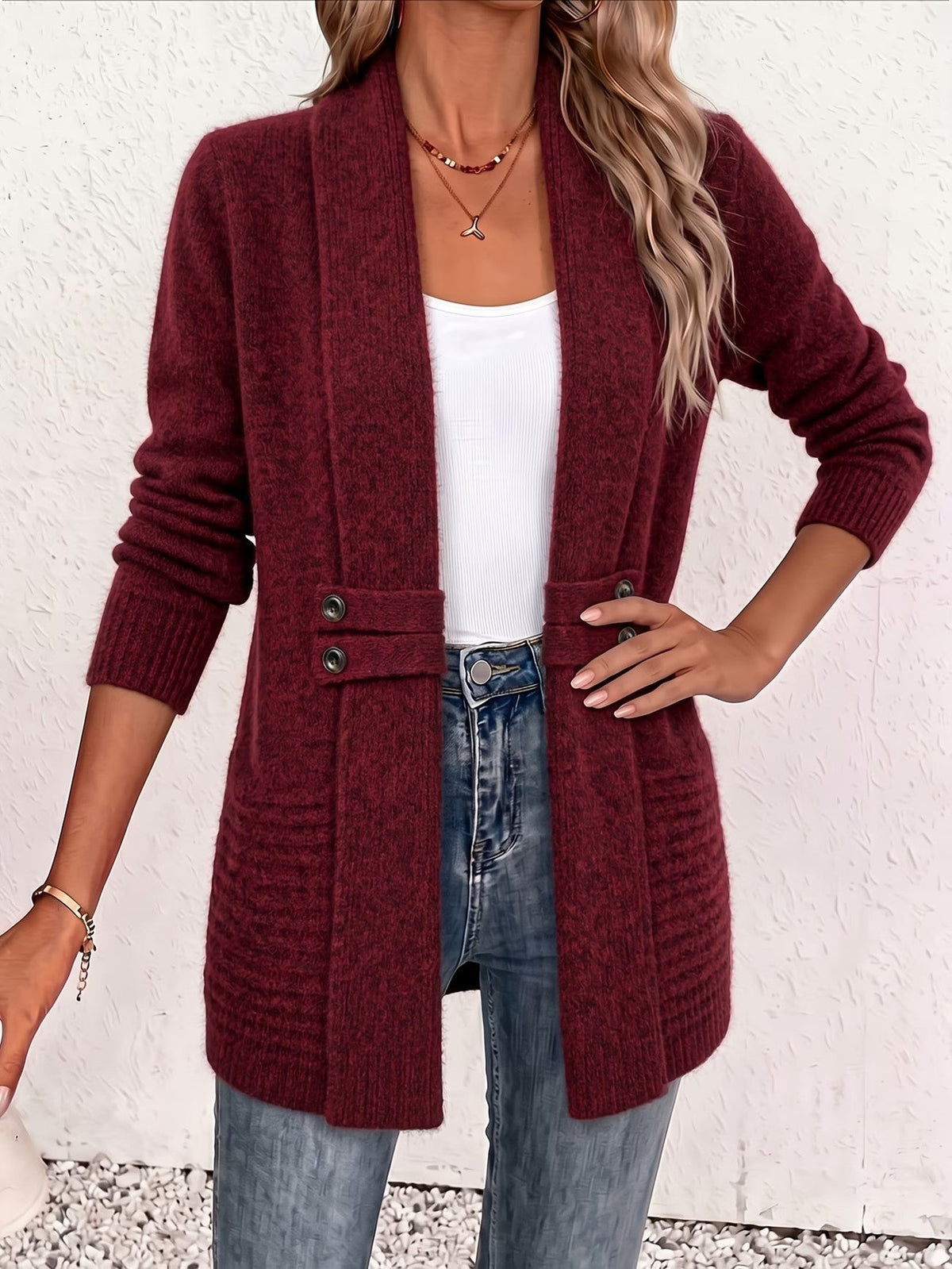 Marlowe | Burgundy Ribbed Knit Button-Tab Cardigan for Women