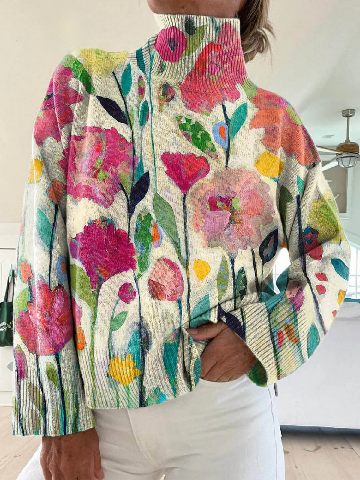 Melani | Vintage Floral Abstract Art Turtleneck Sweater for Women