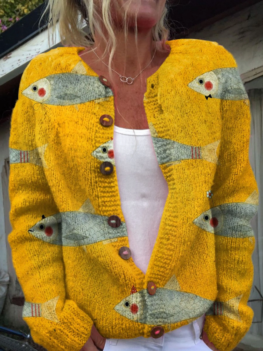 Anouk | Vintage Fish-Print Open-Front Cardigan