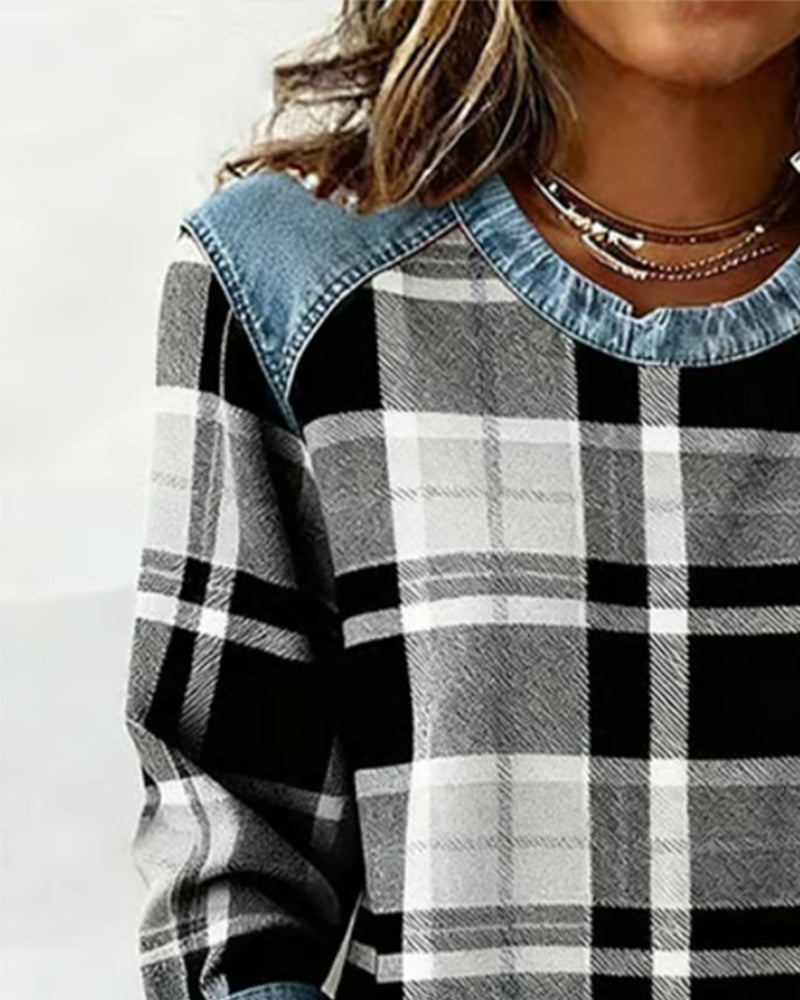 Checkered Patchwork Sweatshirt for Women