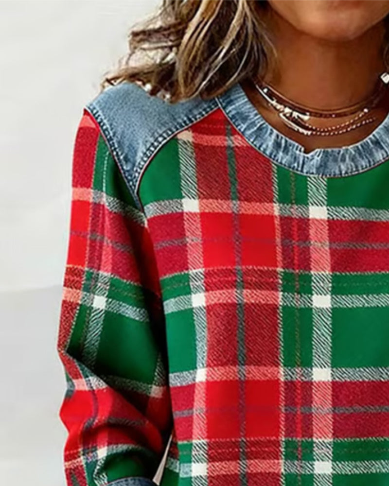 Checkered Patchwork Sweatshirt for Women