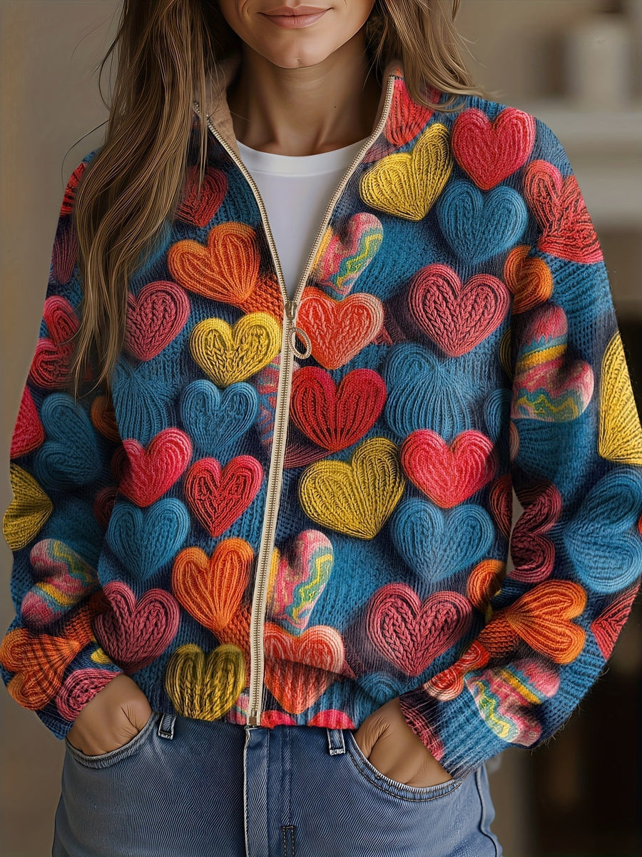 Valentine | Multicolor Heart Textured Knit Zip Cardigan for Women