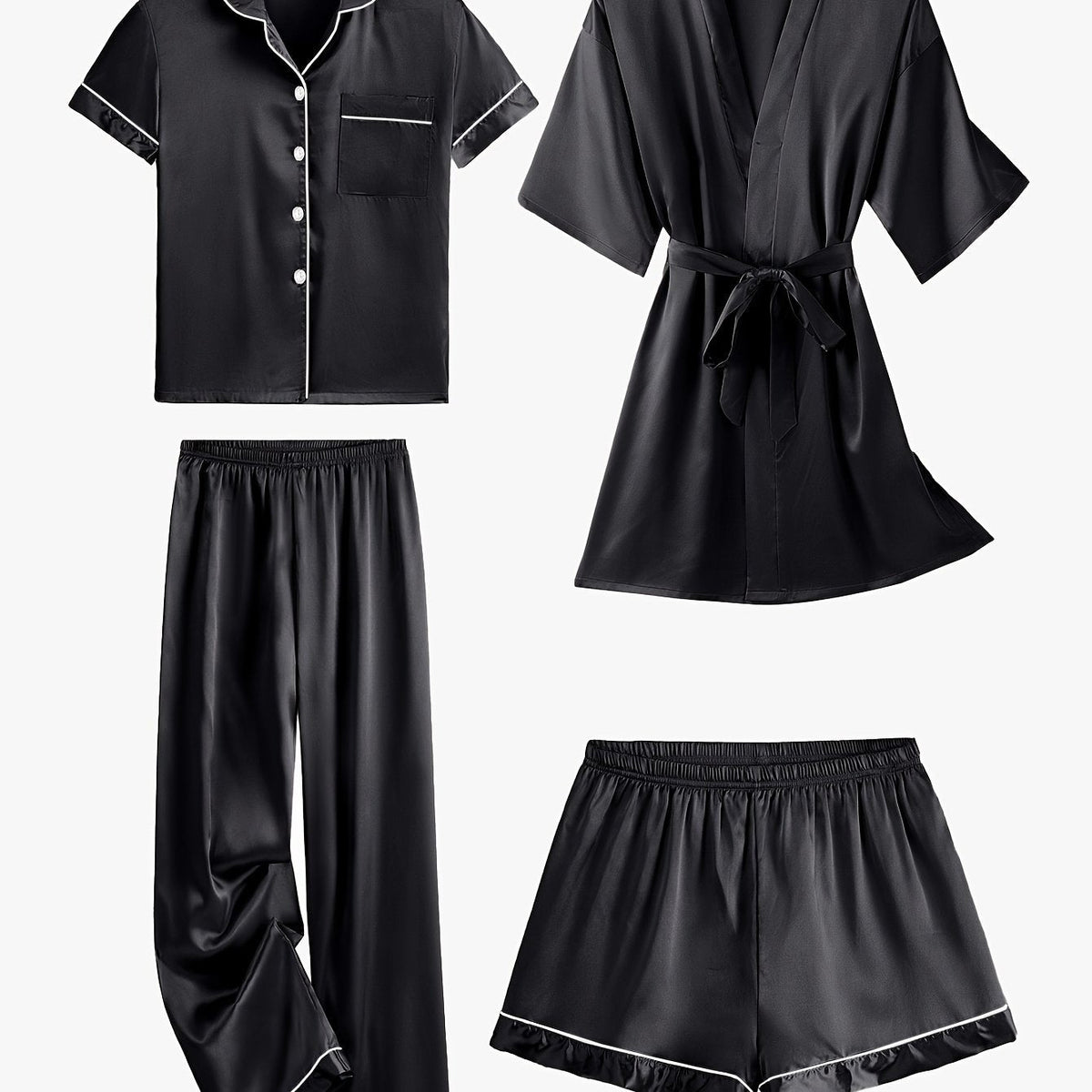 Juliette | 4-Piece Solid Satin Pajama Mid-Sleeve Robe Set for Women