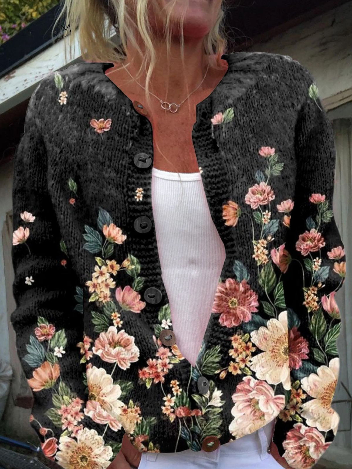 Kivara | Vintage Floral Open-Front Button Cardigan
