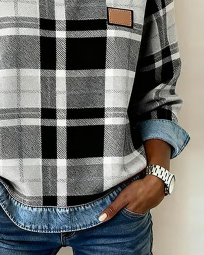Checkered Patchwork Sweatshirt for Women