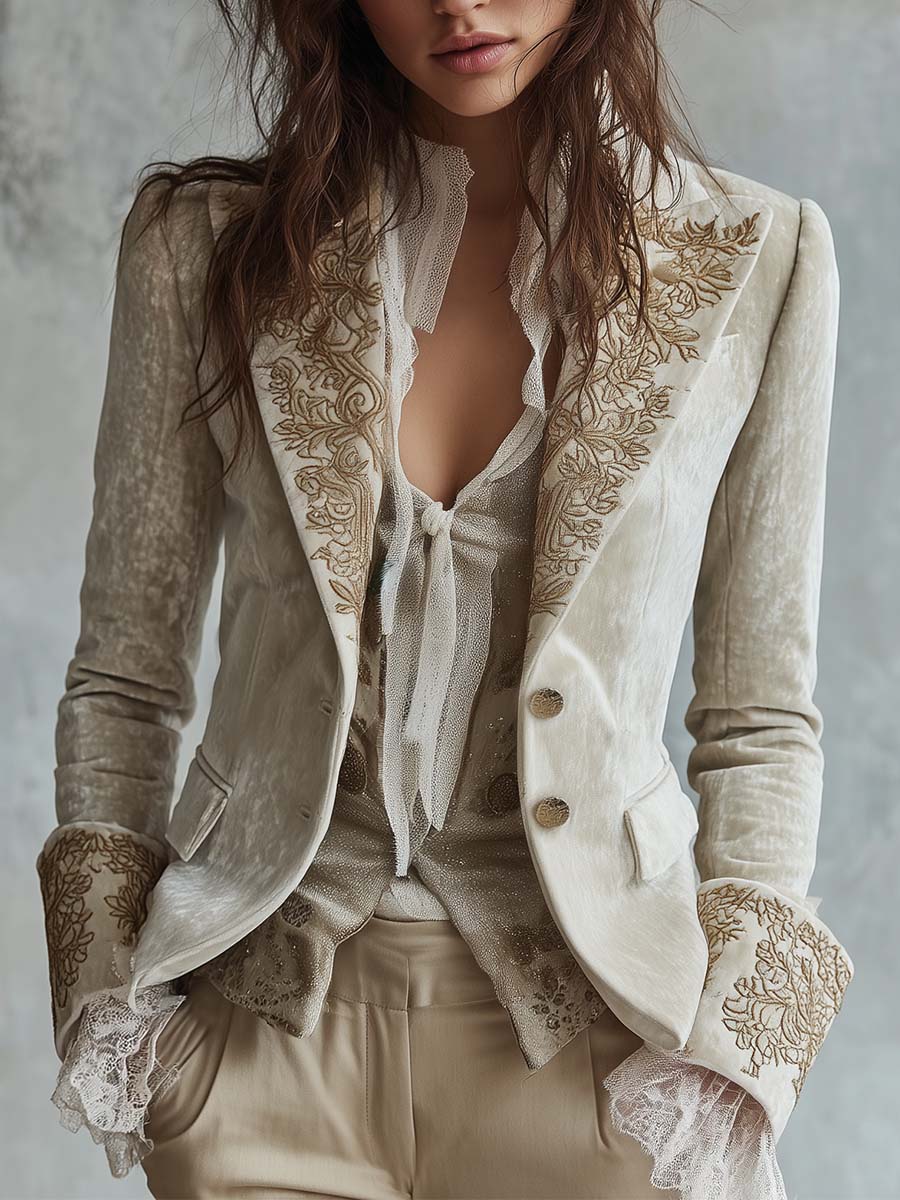 Ivette | Ivory Embroidered Tailored Blazer for Women