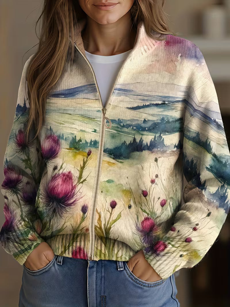Zelda | Scottish Thistle Landscape Zip Cardigan for Women