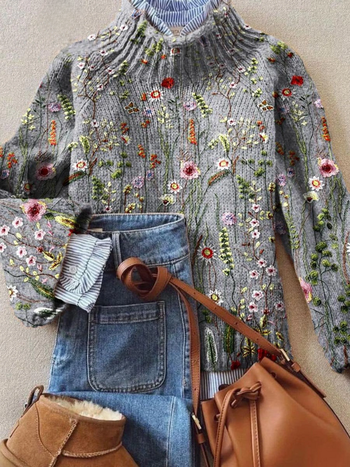 Klyra | Vintage Floral Print Turtleneck Sweater for Women
