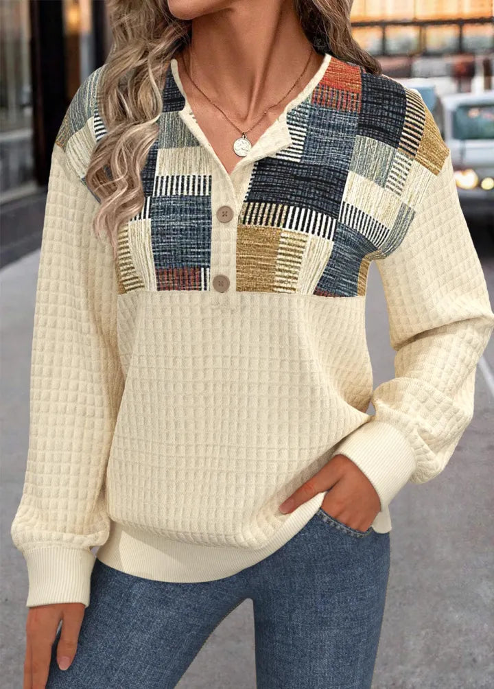 Linora | Patchwork Waffle Knit Button Sweater for Women