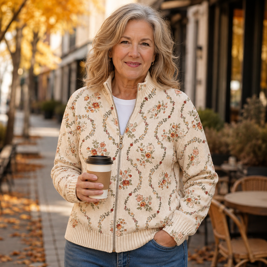 Persephone | Delicate Floral Vine Cream Print Cardigan for Women