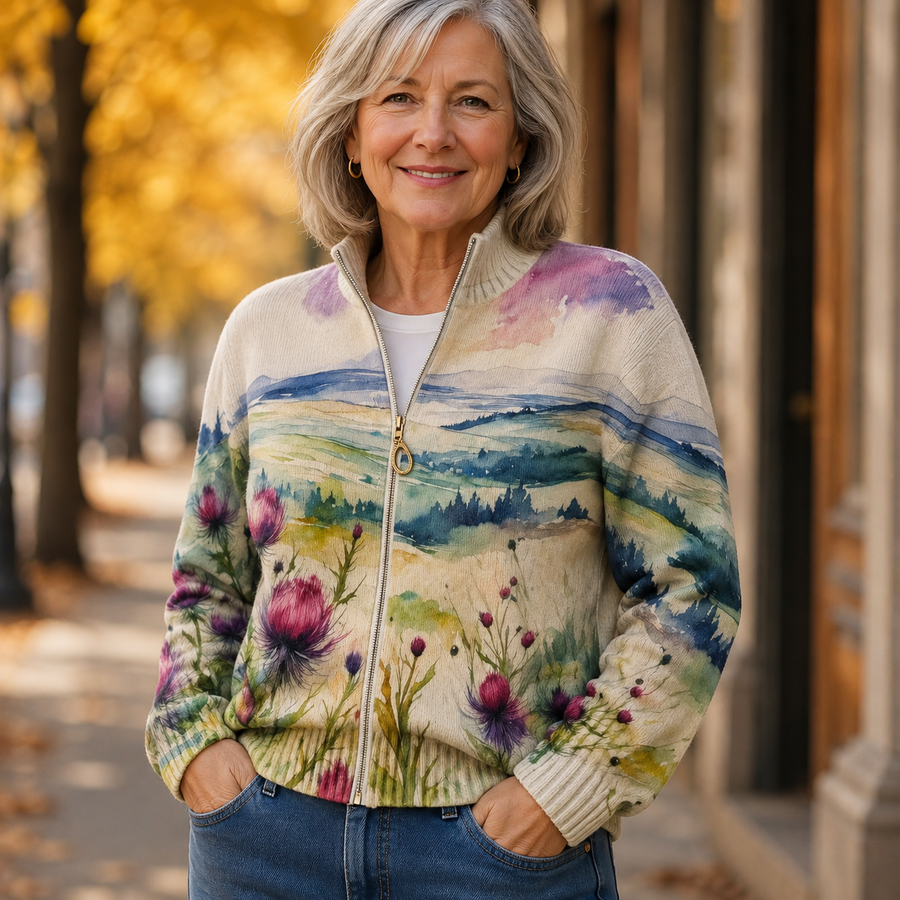 Zelda | Scottish Thistle Landscape Zip Cardigan for Women