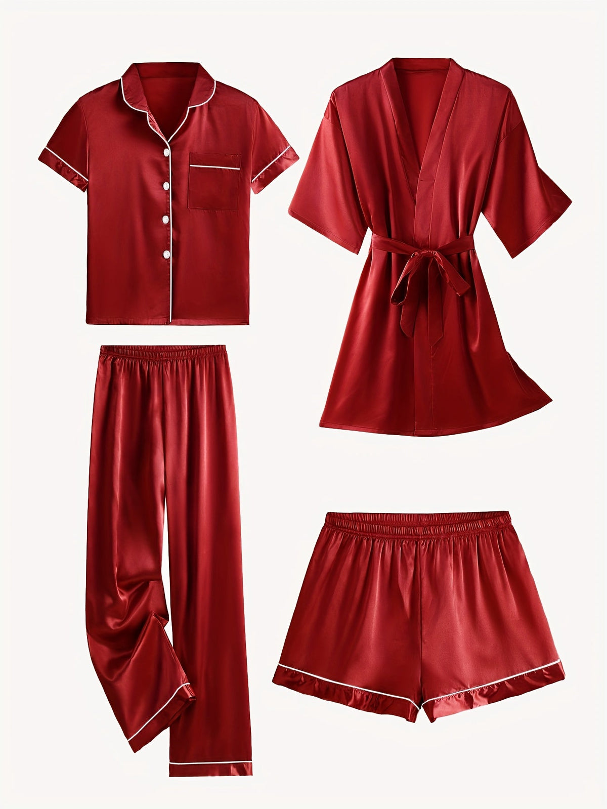 Juliette | 4-Piece Solid Satin Pajama Mid-Sleeve Robe Set for Women
