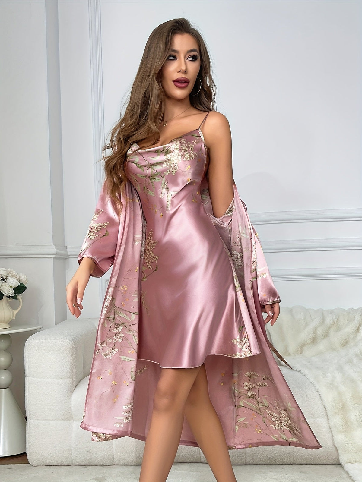 Rosalynn | 2-Piece Floral Satin Camisole & Robe Set for Women