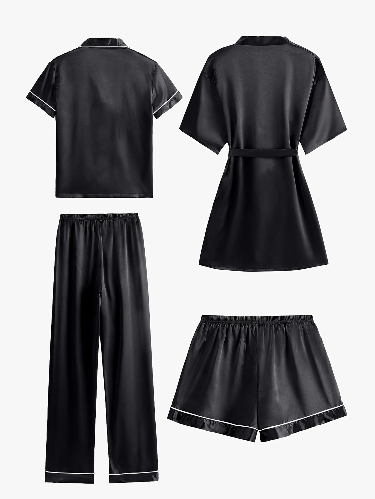 Juliette | 4-Piece Solid Satin Pajama Mid-Sleeve Robe Set for Women
