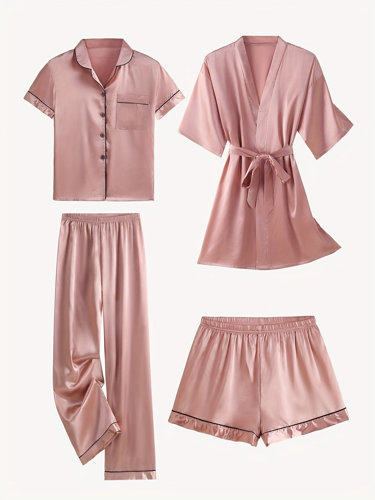 Juliette | 4-Piece Solid Satin Pajama Mid-Sleeve Robe Set for Women