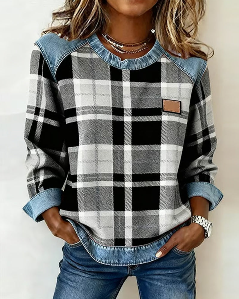 Checkered Patchwork Sweatshirt for Women