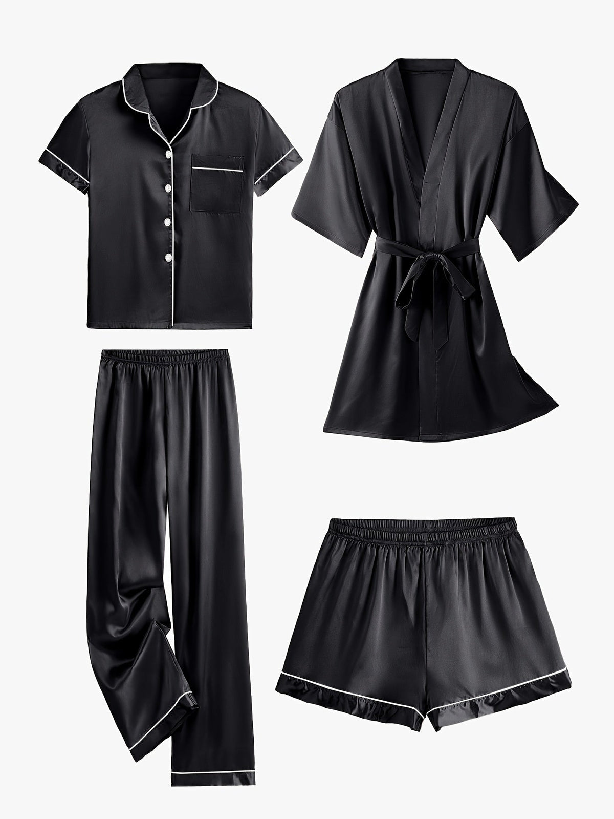 Juliette | 4-Piece Solid Satin Pajama Mid-Sleeve Robe Set for Women