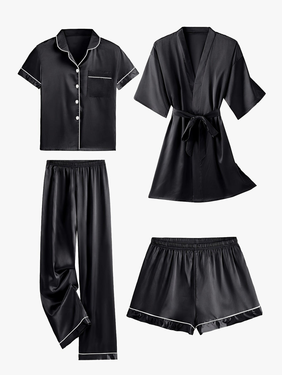 Juliette | 4-Piece Solid Satin Pajama Mid-Sleeve Robe Set for Women