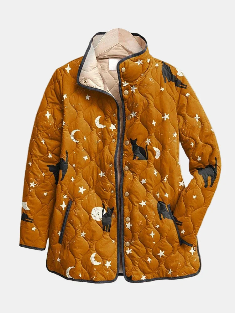 Eira | Casual Black Cat Halloween Print Quilted Jacket for Women