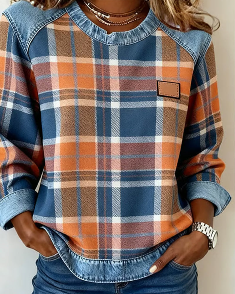 Checkered Patchwork Sweatshirt for Women
