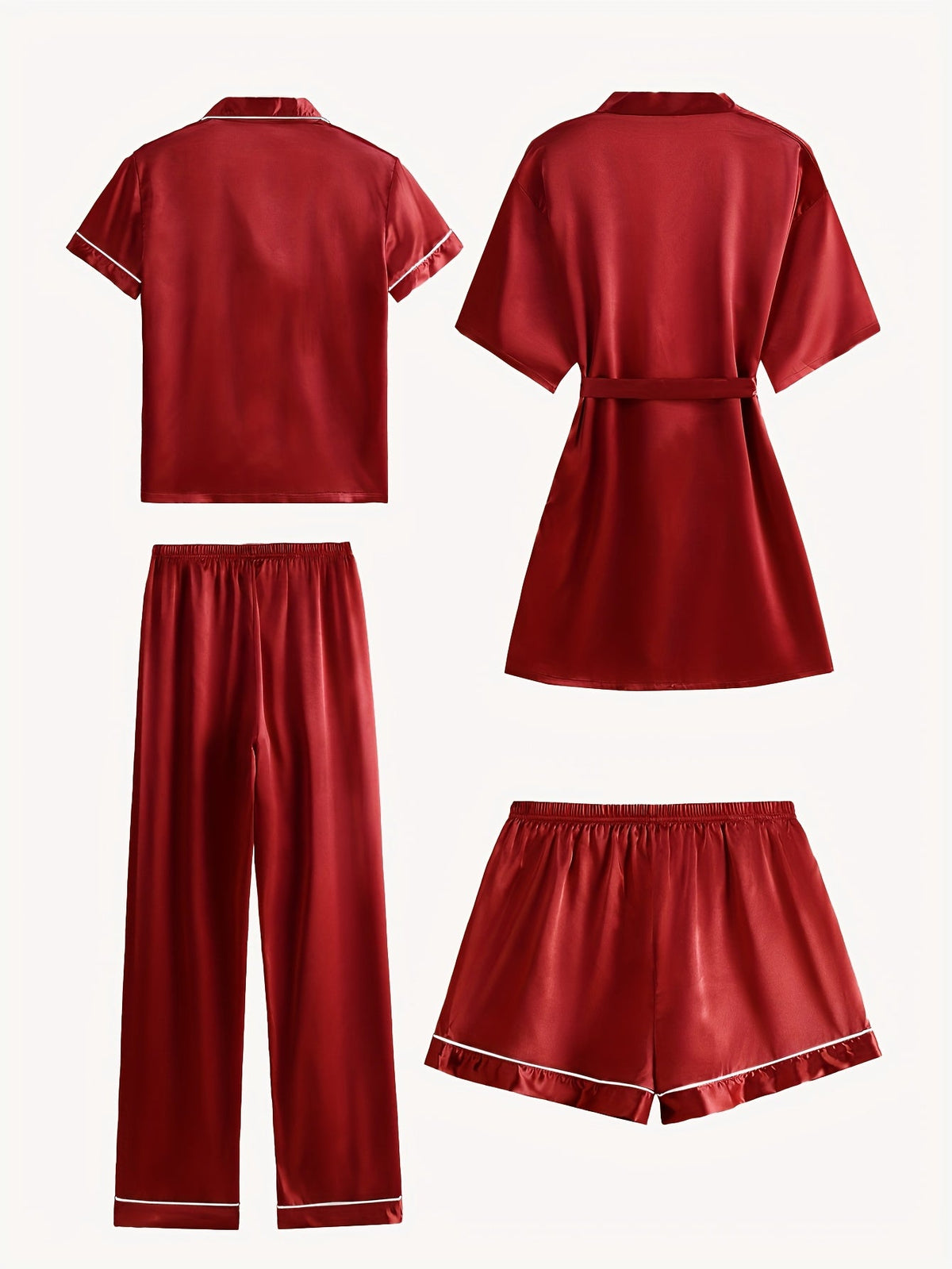 Juliette | 4-Piece Solid Satin Pajama Mid-Sleeve Robe Set for Women