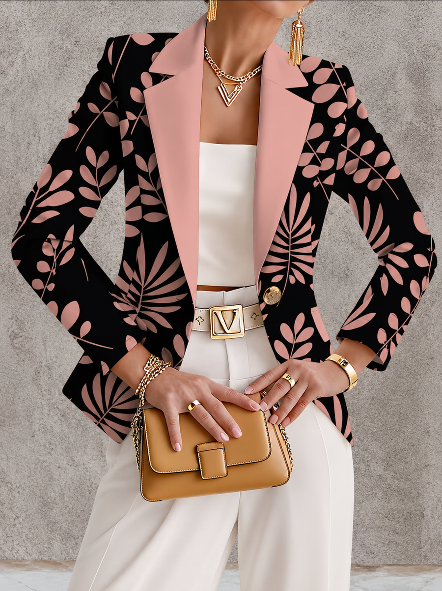 Odaya | Pink Leaf Print Tailored Blazer for Women