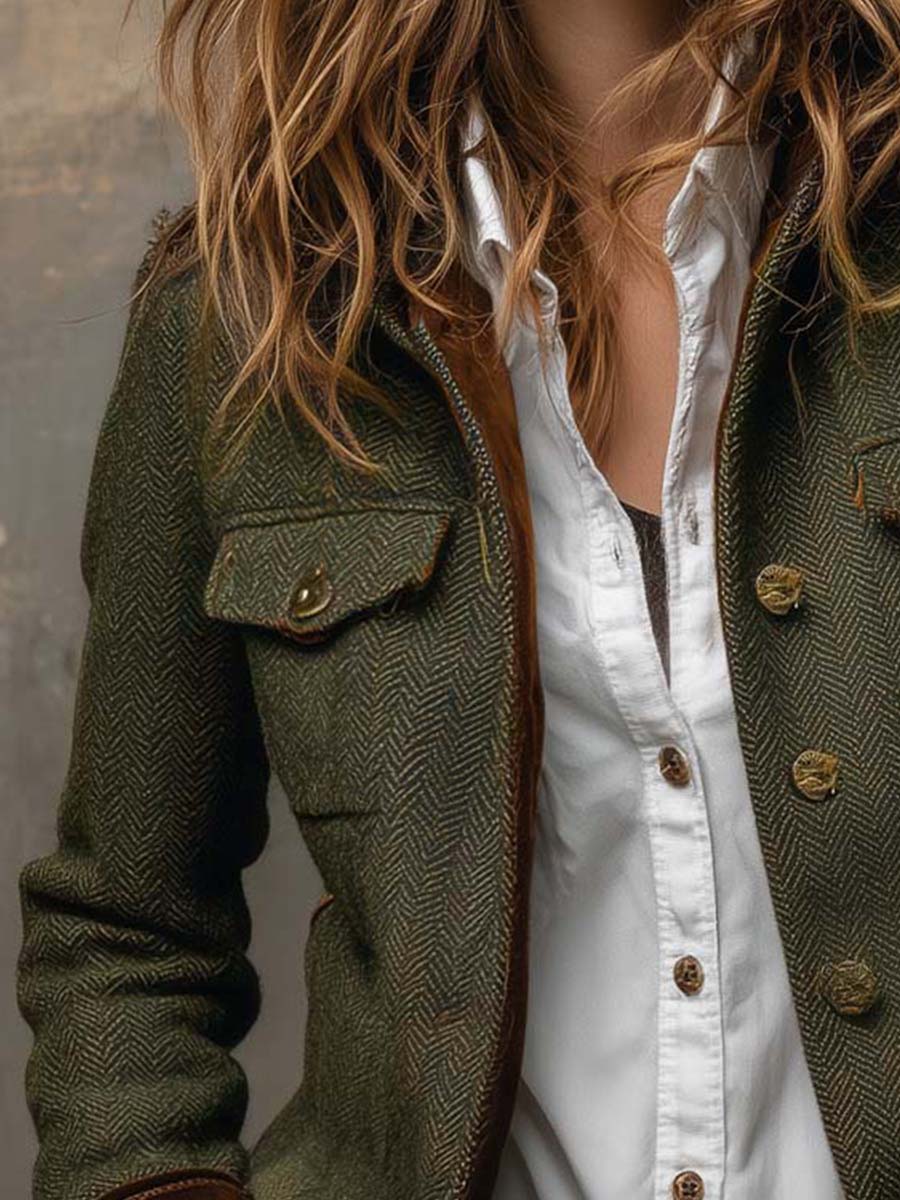 Maribel | Vintage Herringbone Contrast Trim Blazer for Women