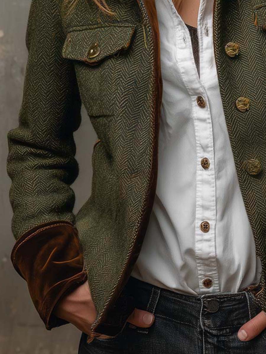 Maribel | Vintage Herringbone Contrast Trim Blazer for Women
