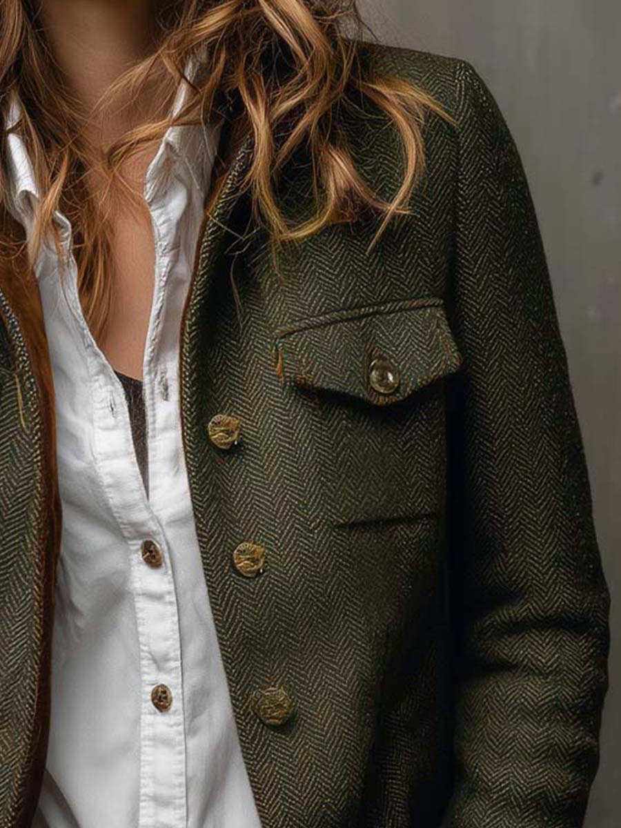 Maribel | Vintage Herringbone Contrast Trim Blazer for Women