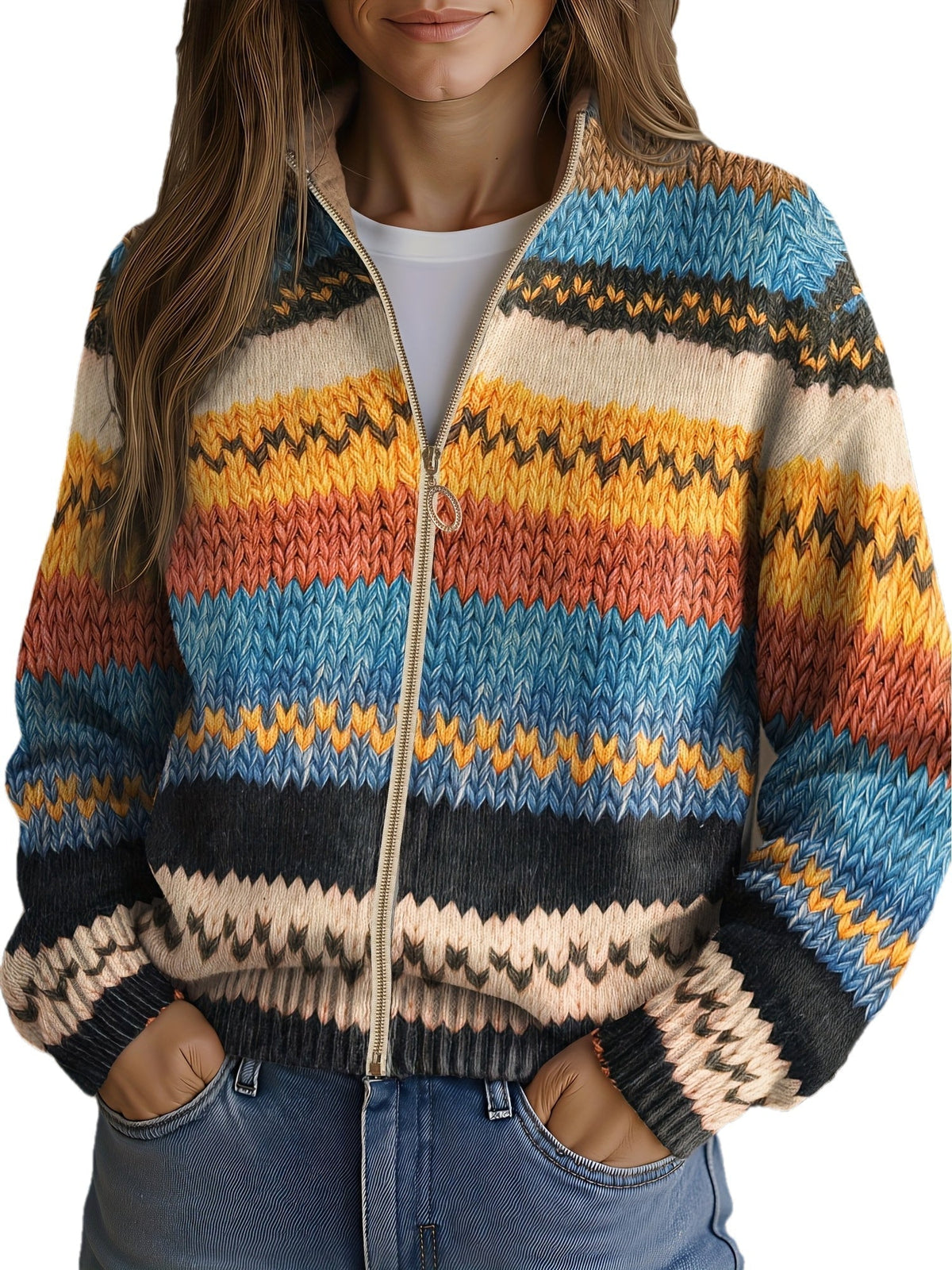 Yseult | Multicolor Zigzag Striped Knit Cardigan for Women