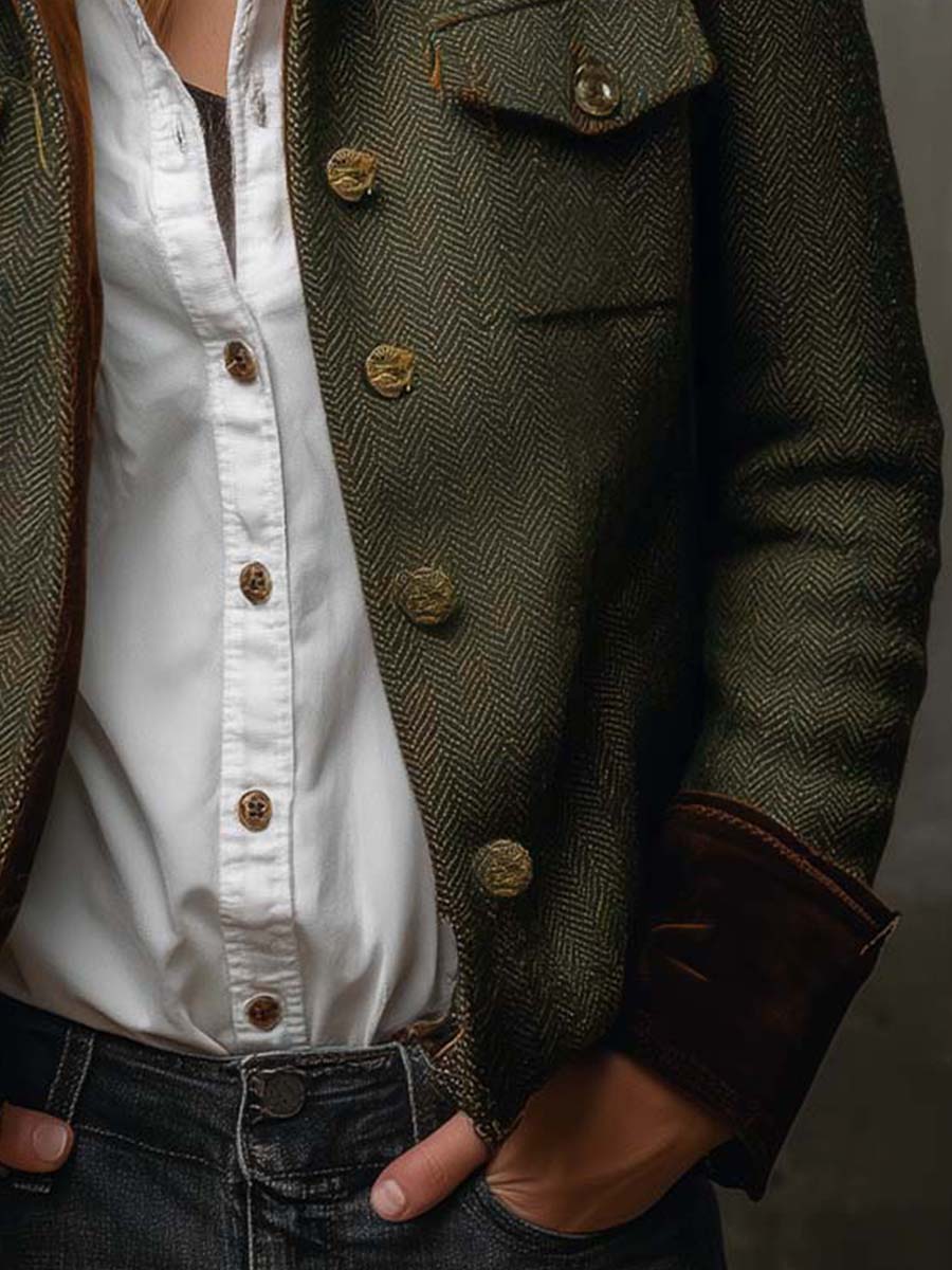 Maribel | Vintage Herringbone Contrast Trim Blazer for Women