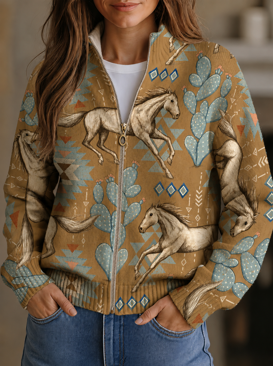 Perpetua | Desert Horse and Cactus Zip Cardigan for Women