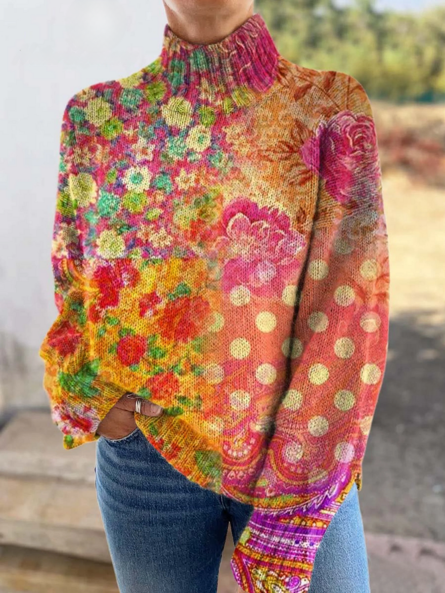 Mallory | Floral Polka Dot Knit Turtleneck Sweater for Women