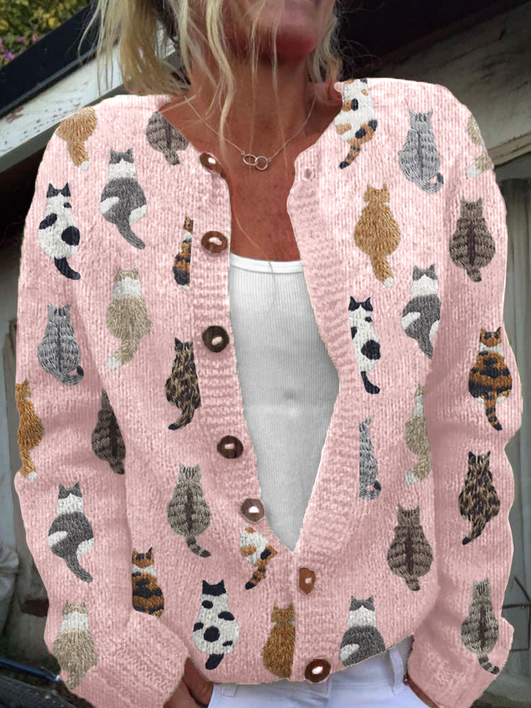 Charlotte | Cozy Cat Print Button-Front Cardigan