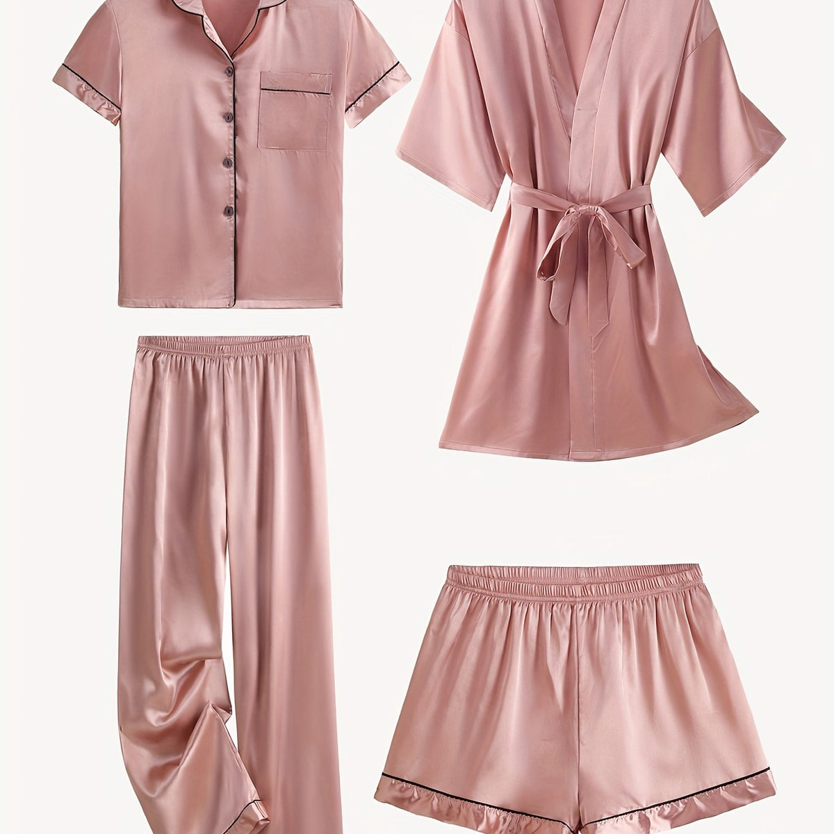 Juliette | 4-Piece Solid Satin Pajama Mid-Sleeve Robe Set for Women