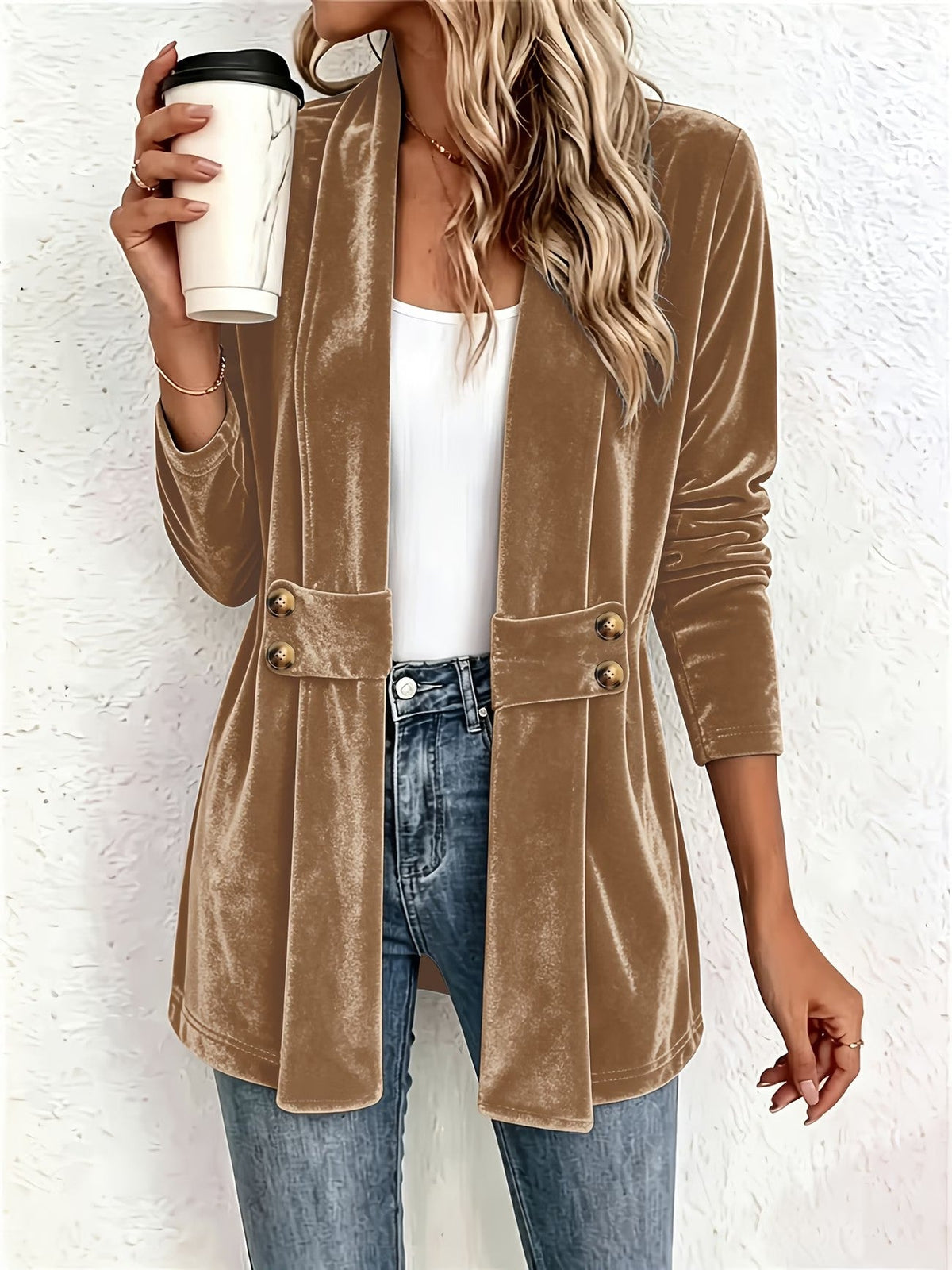 Sutton | Camel Velvet Button-Tab Cardigan for Women