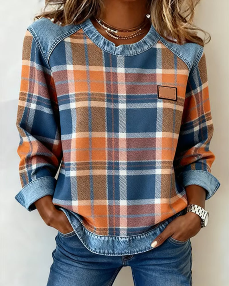 Checkered Patchwork Sweatshirt for Women