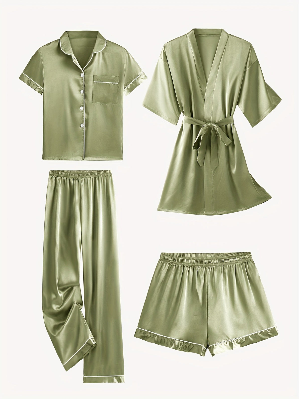 Juliette | 4-Piece Solid Satin Pajama Mid-Sleeve Robe Set for Women