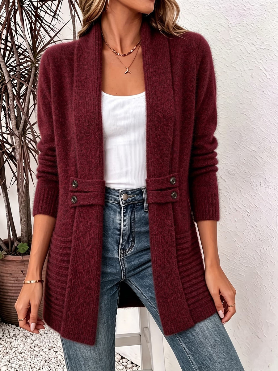 Marlowe | Burgundy Ribbed Knit Button-Tab Cardigan for Women