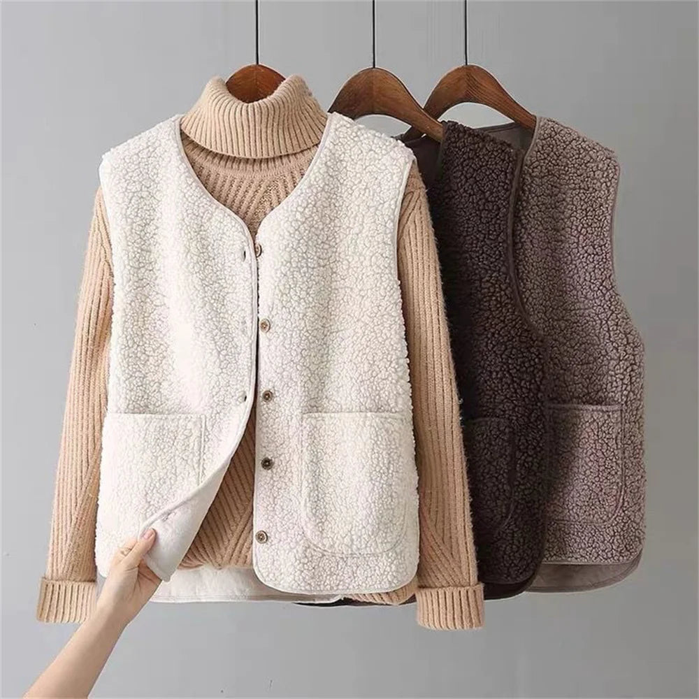 Faye | Luxe Button-Up Fleece Vest with Side Pockets for Women