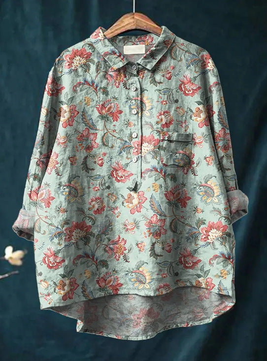 Caroline | Cotton Linen Floral Blouse for Women