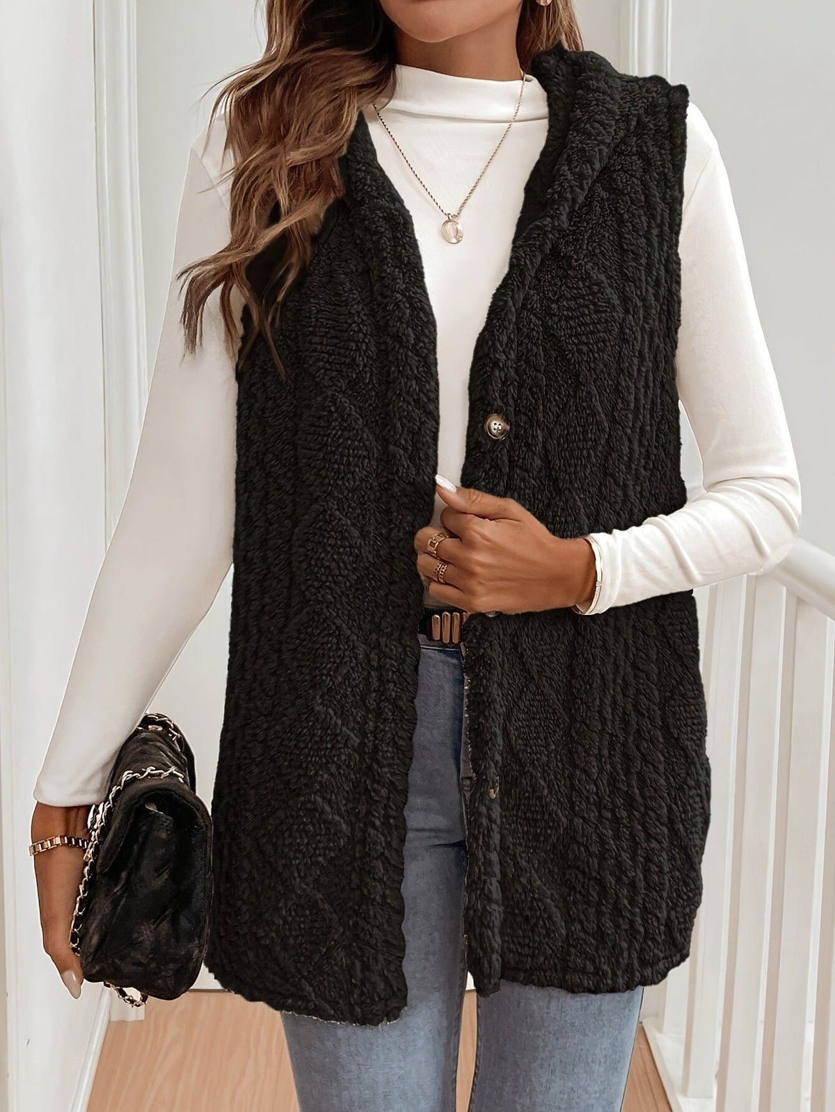 Sofie | Plush Hooded Vest with Button Closure for Women