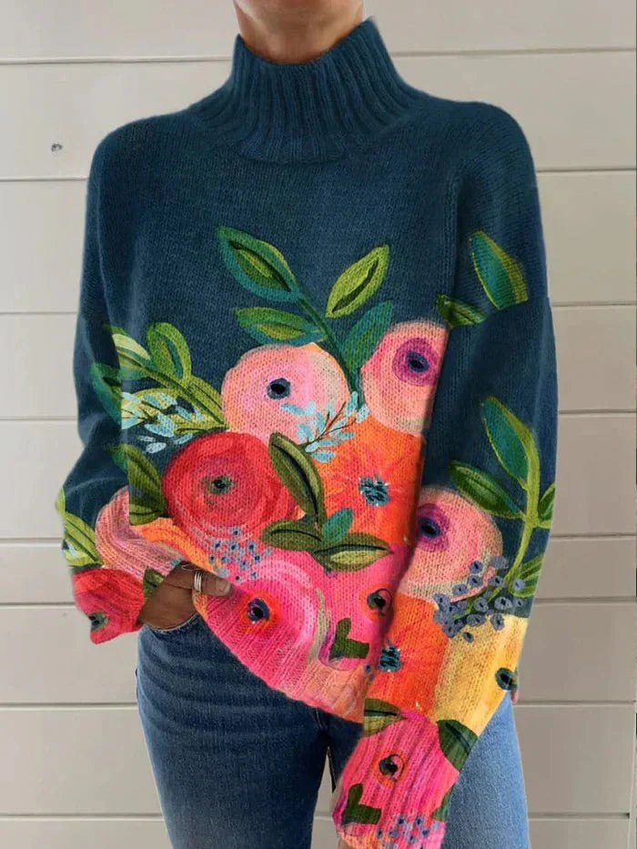 Aleah | Retro Floral Turtleneck Sweater for Women
